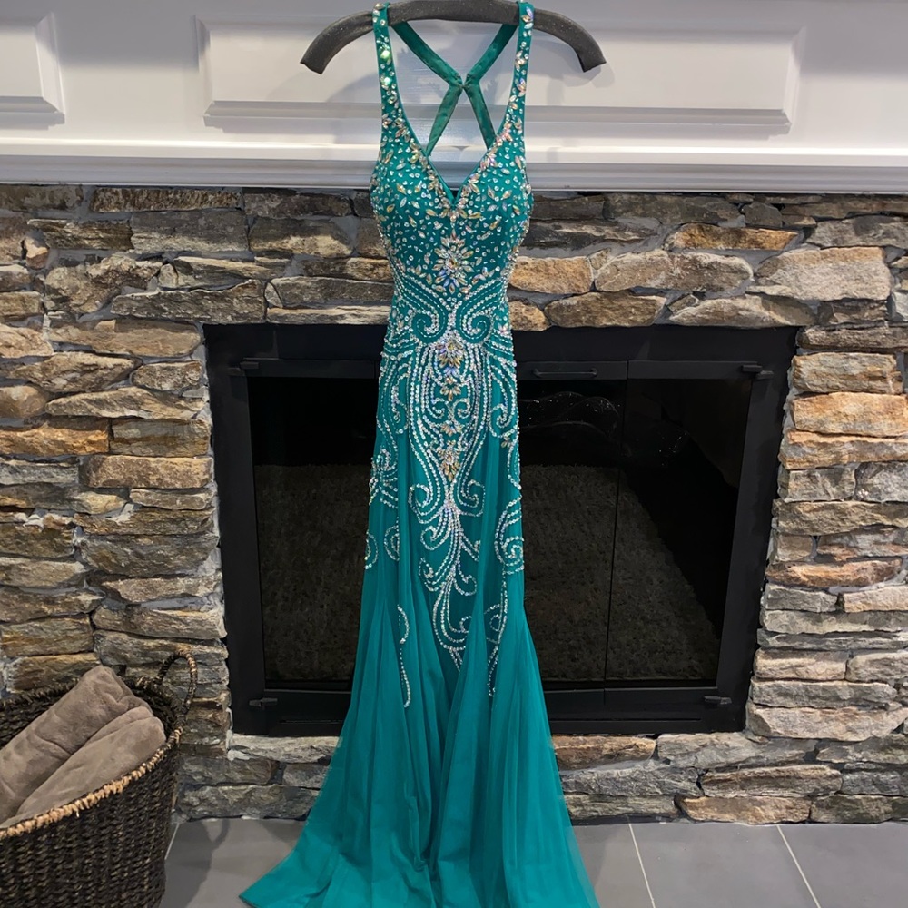 Green silver jeweled open back gown
